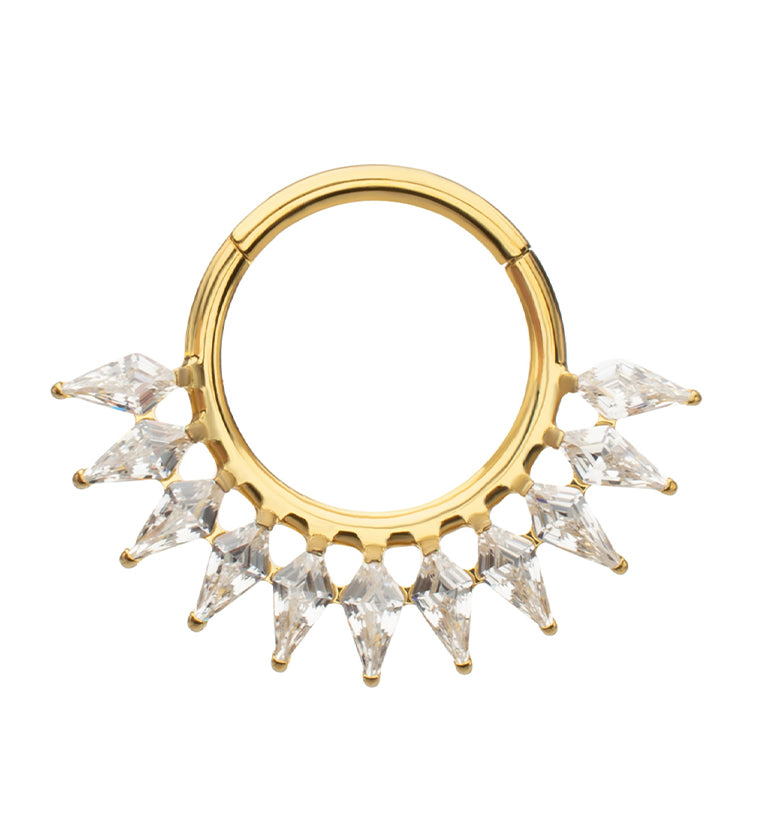 24kt Gold PVD Dart Edge Clear CZ Titanium Hinged Segment Ring