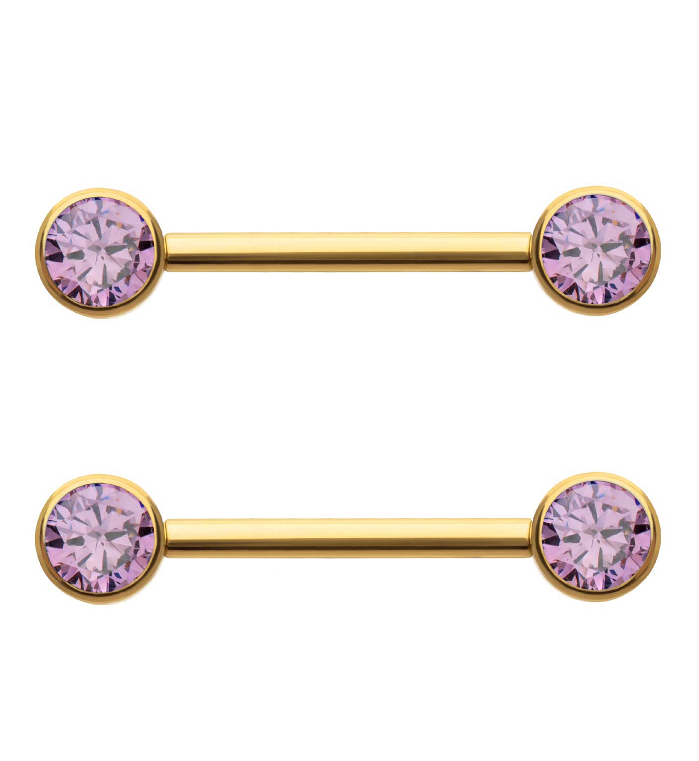 24kt Gold PVD Double Amethyst CZ Titanium Internally Threaded Nipple Ring Barbell