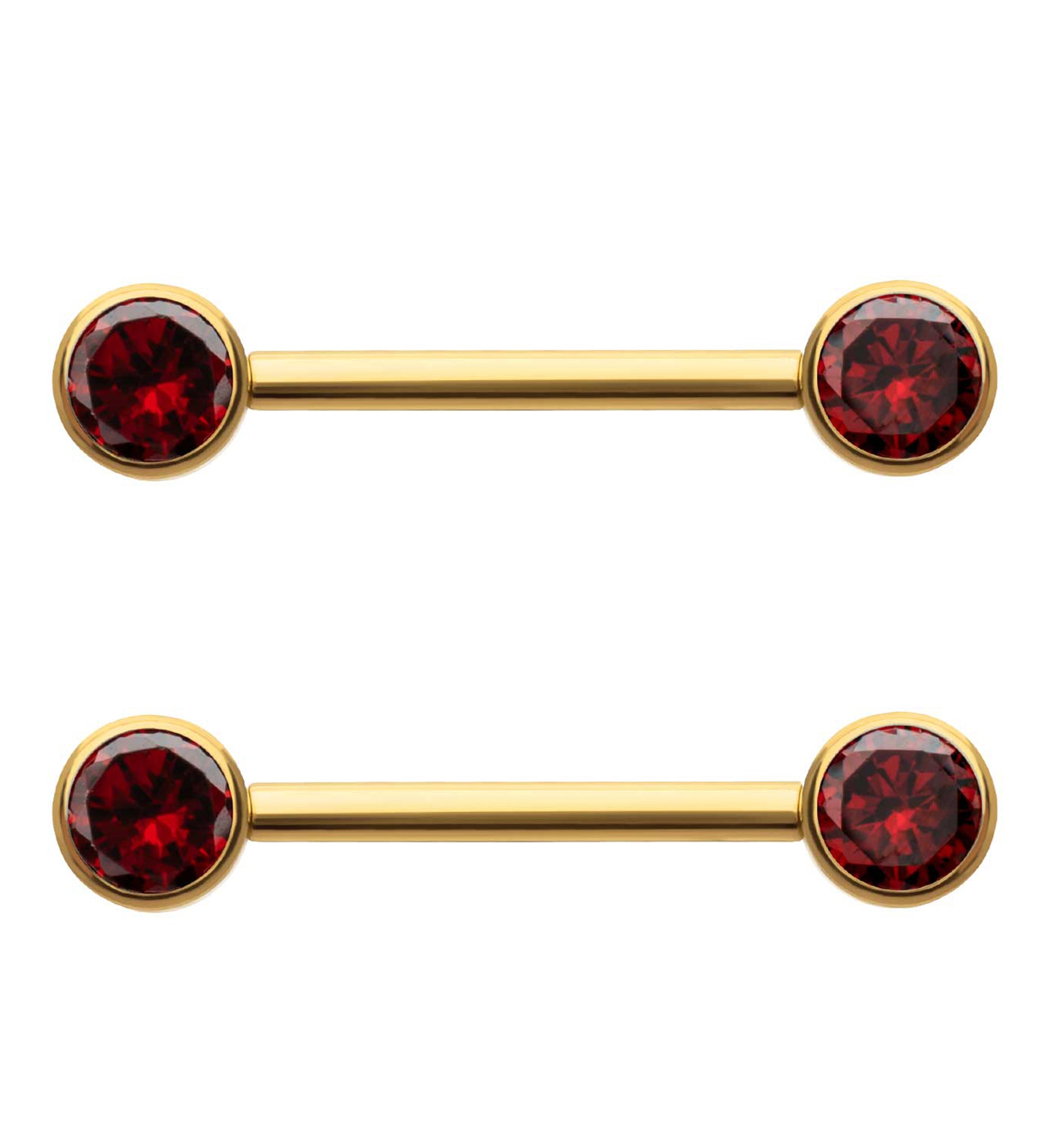 24kt Gold PVD Double Garnet CZ Titanium Internally Threaded Nipple Ring Barbell