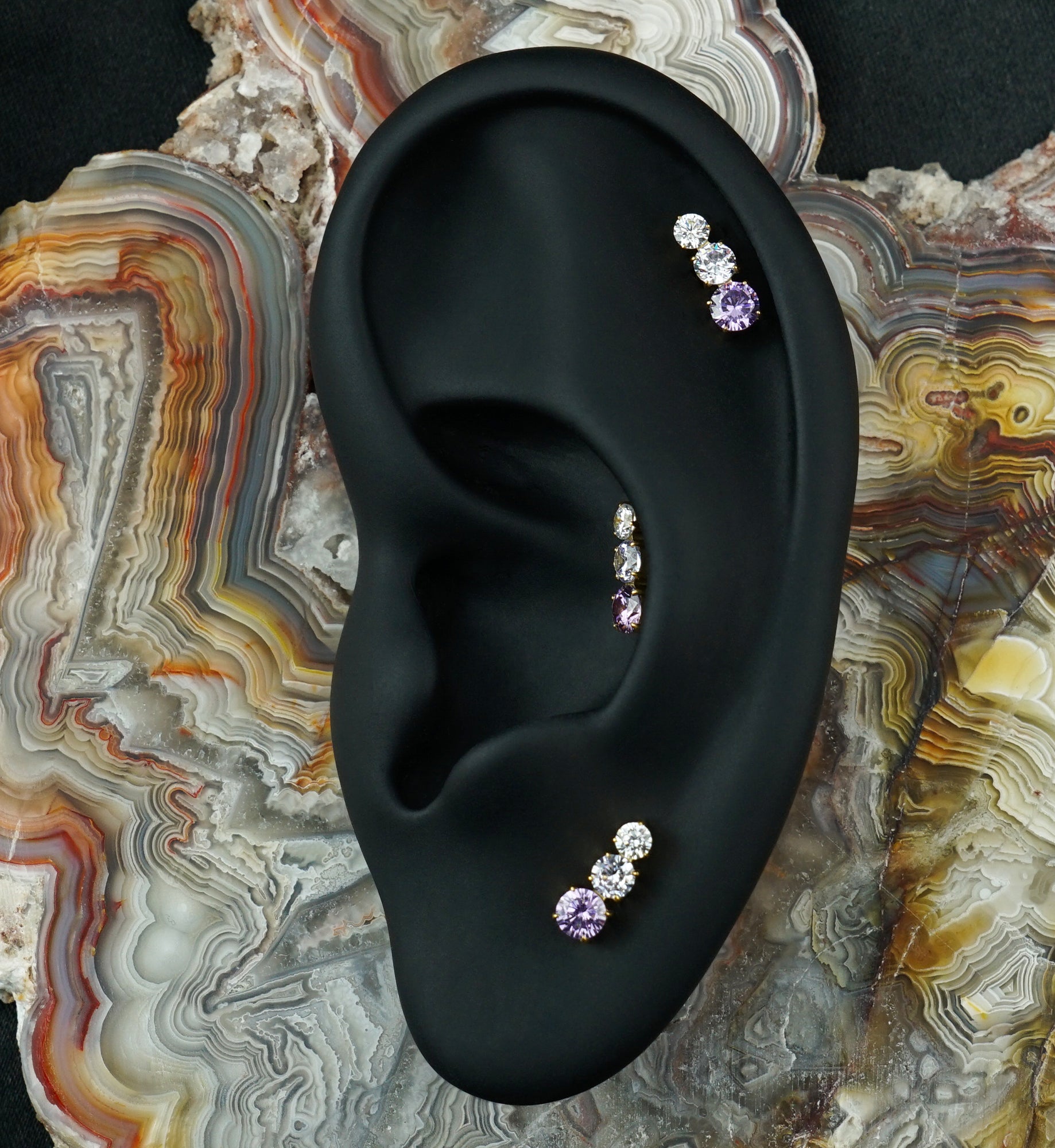 24kt Gold PVD Ellipses Amethyst CZ Titanium Threadless Top