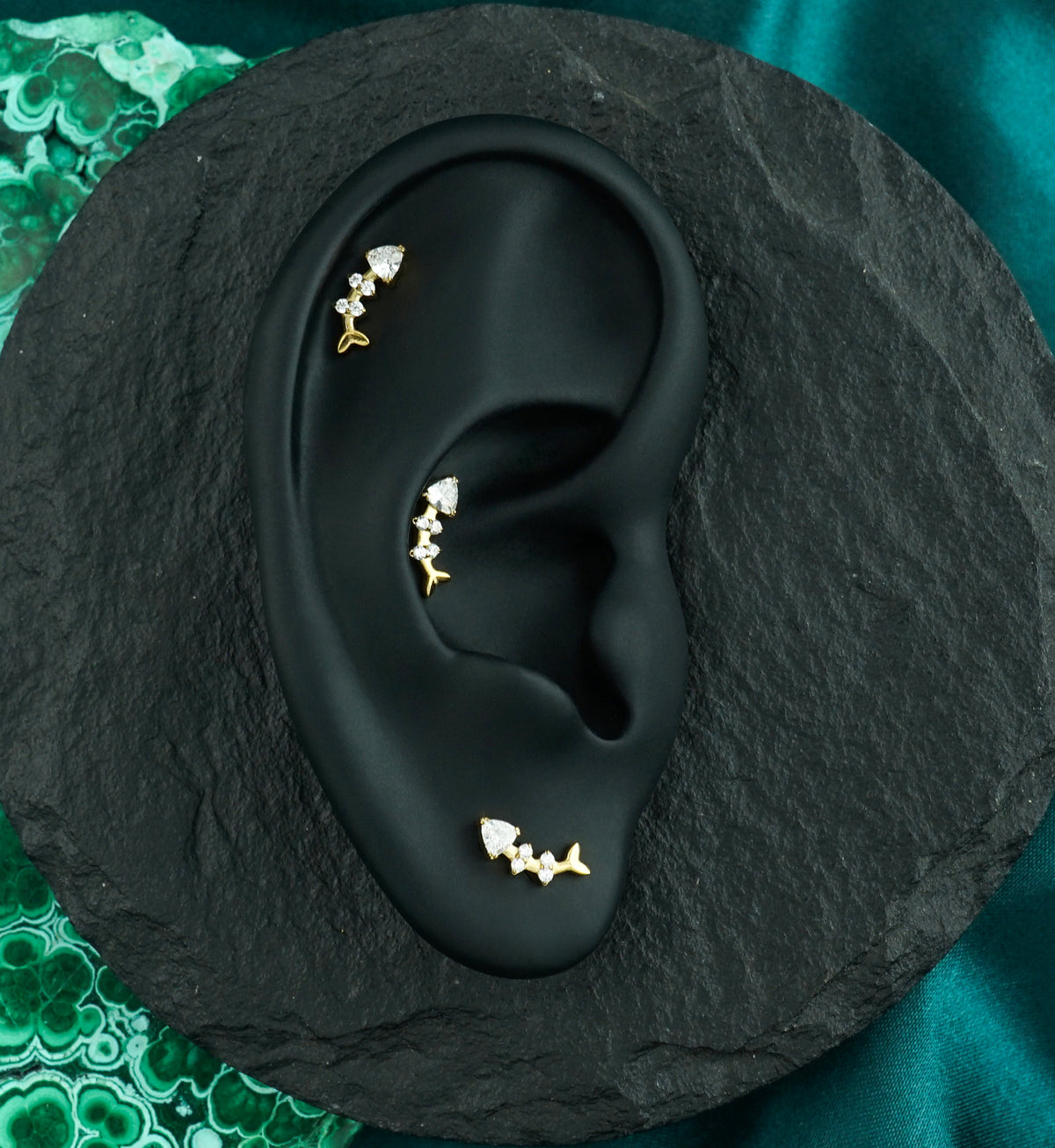 24kt Gold PVD Fish Bones Clear CZ Titanium Threadless Top