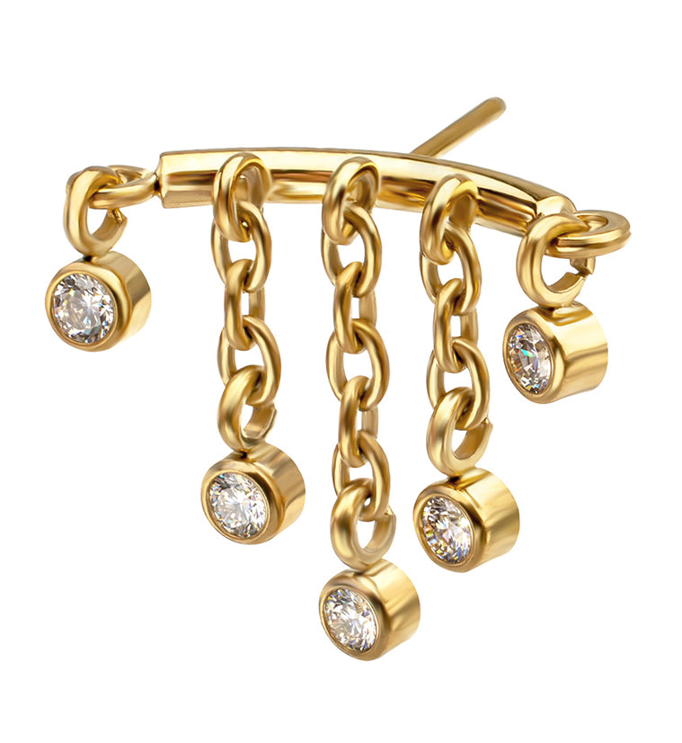 24kt Gold PVD Hidden Curved Bar Multi CZ Dangle Chain Titanium Threadless Top