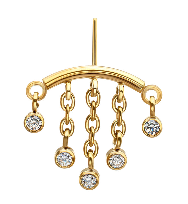 24kt Gold PVD Hidden Curved Bar Multi CZ Dangle Chain Titanium Threadless Top