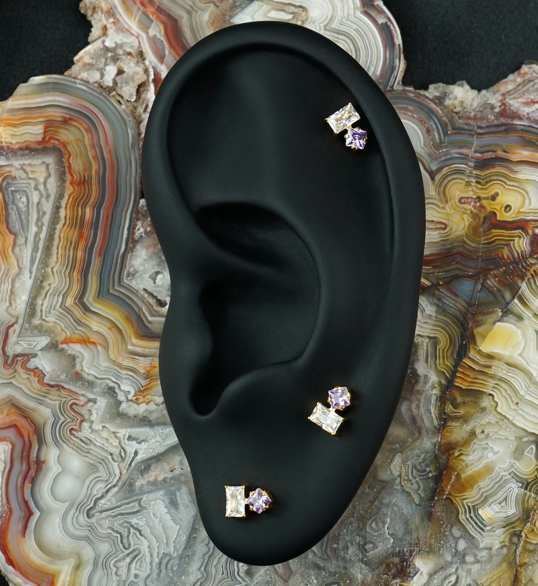 24kt Gold PVD Inverted Tilt Amethyst CZ Titanium Threadless Top