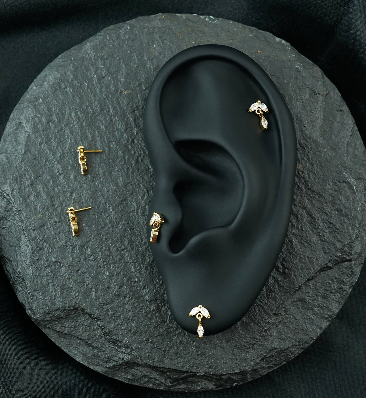24kt Gold PVD Leafdrop Clear CZ Hanging Gem Titanium Threadless Top