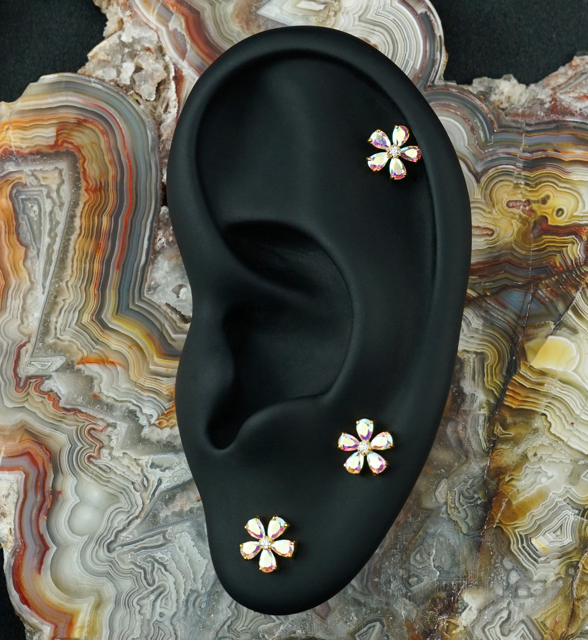 24kt Gold PVD Myosotis Rainbow Aurora CZ Titanium Threadless Top