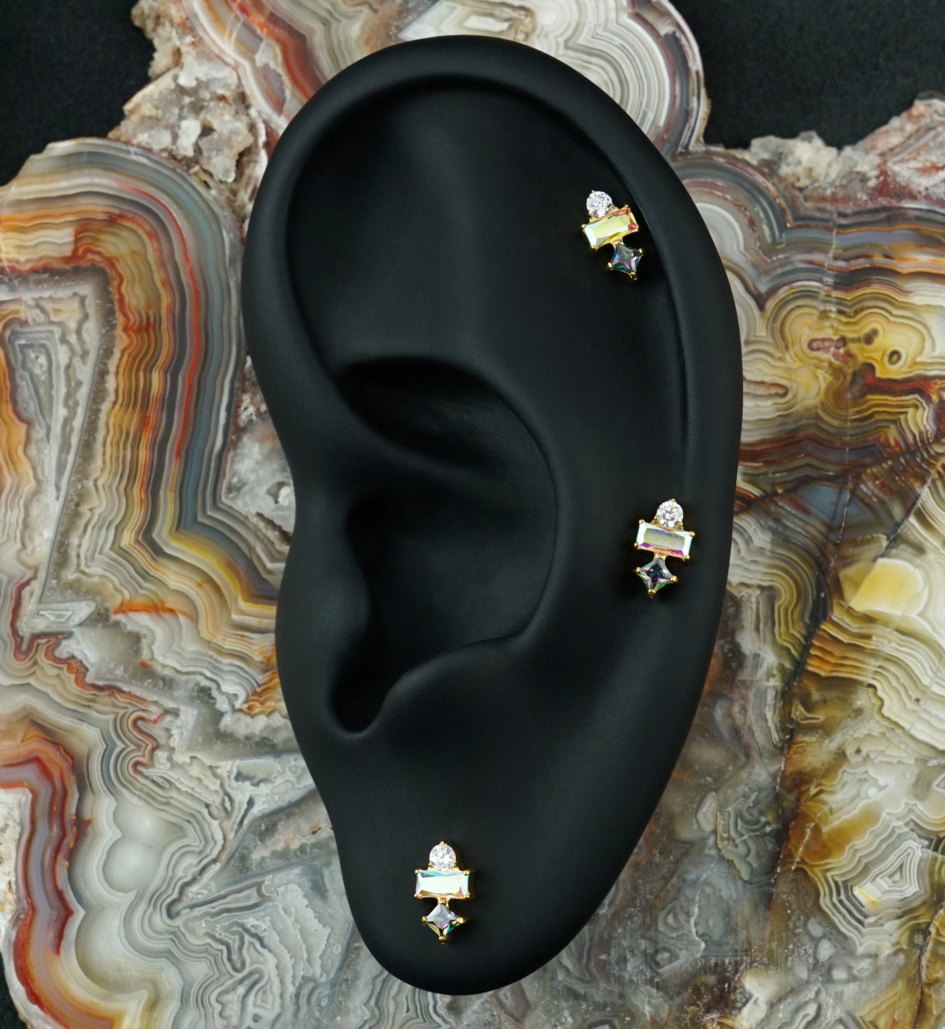 24kt Gold PVD Nocked Rainbow Aurora CZ Titanium Threadless Top