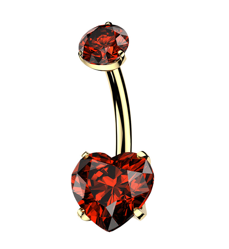24kt Gold PVD Red CZ Heart Titanium Internally Threaded Belly Button Ring