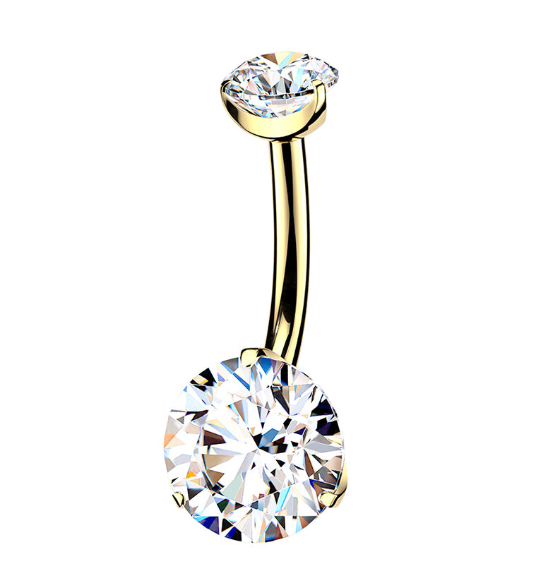 24kt Gold PVD Prong Clear CZ Titanium Internally Threaded Belly Button Ring