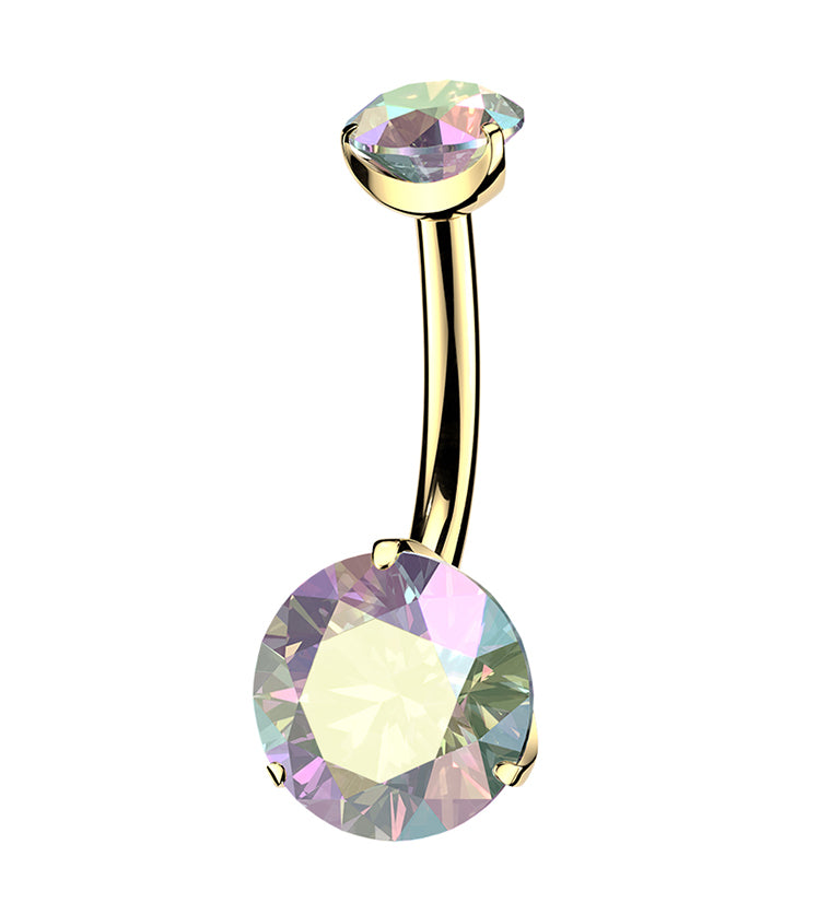 24kt Gold PVD Prong Rainbow Aurora CZ Titanium Internally Threaded Belly Button Ring