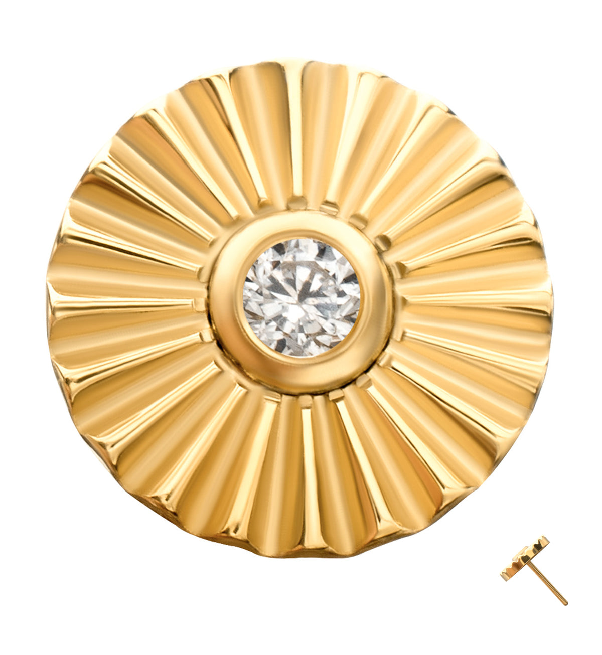 24kt Gold PVD Score Disk Clear CZ Threadless Titanium Top