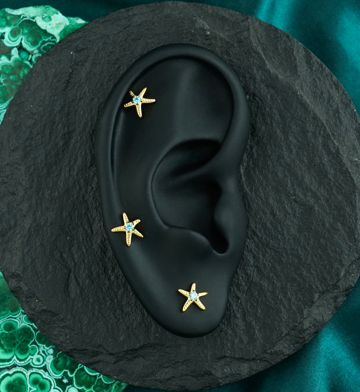 24kt Gold PVD Sea Star Aqua CZ Titanium Threadless Top