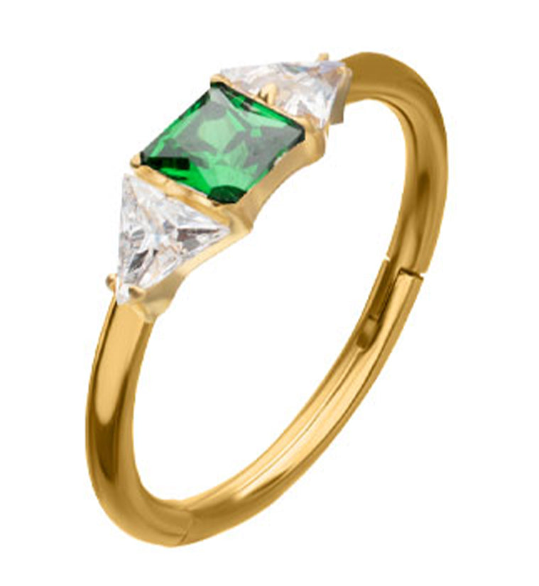 24kt Gold PVD Square Emerald CZ Titanium Hinged Segment Ring
