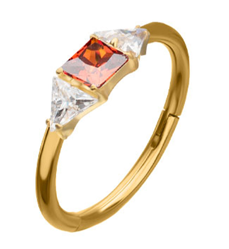 24kt Gold PVD Square Garnet CZ Titanium Hinged Segment Ring