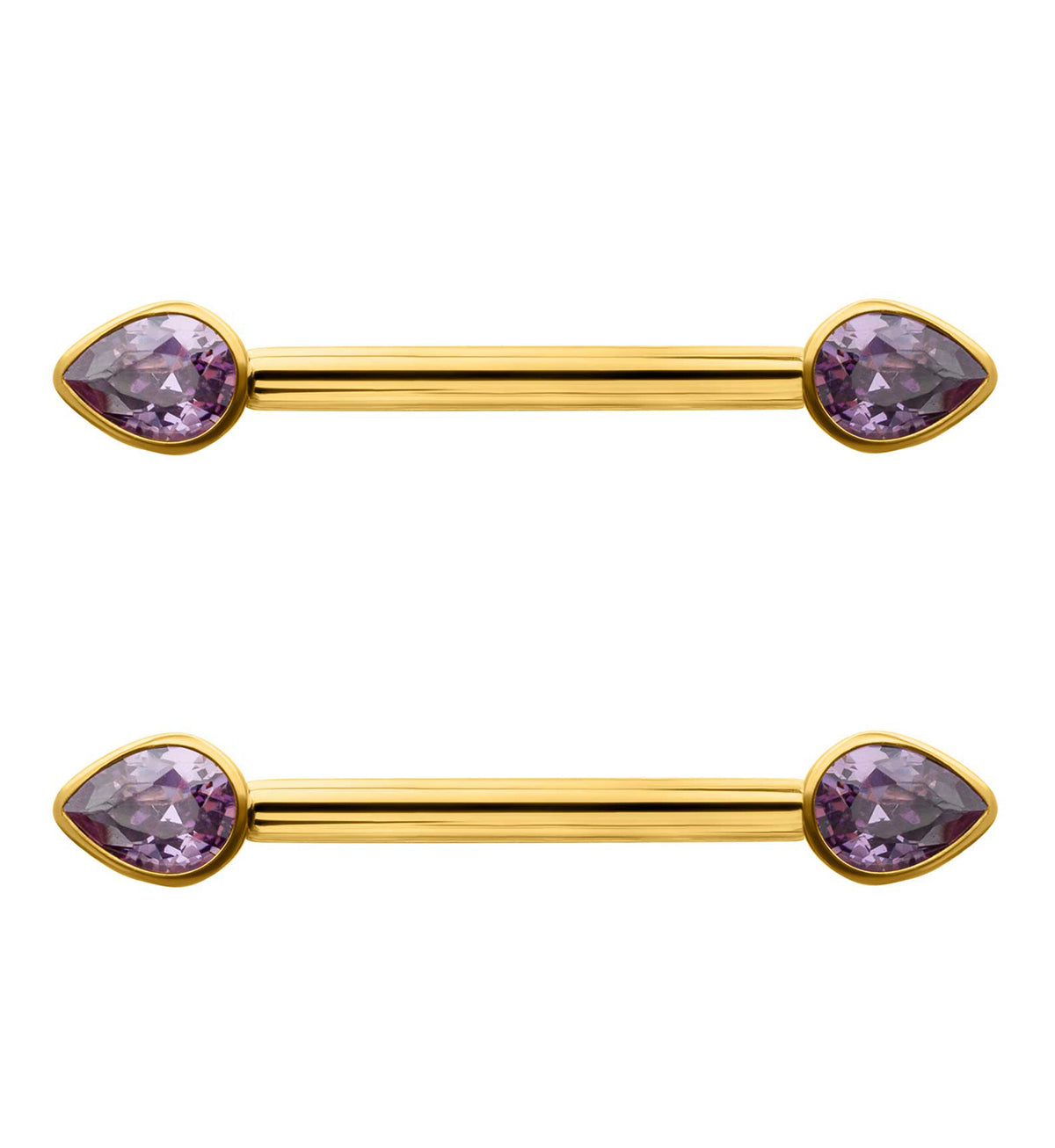 24kt Gold PVD Teardrop Amethyst CZ Titanium Internally Threaded Nipple Ring Barbell
