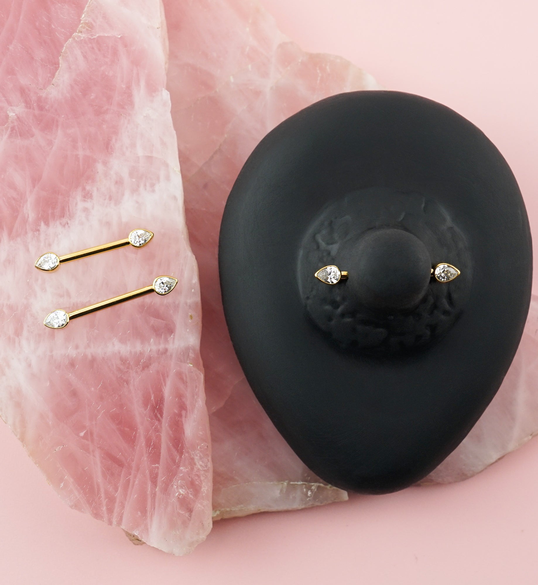 24kt Gold PVD Teardrop Clear CZ Titanium Internally Threaded Nipple Ring Barbell