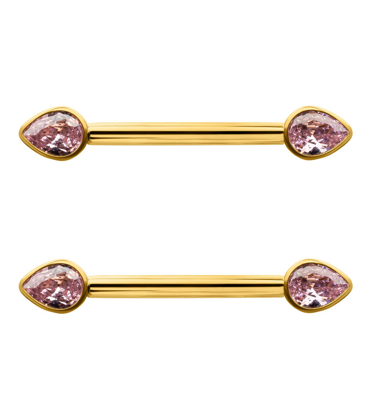 24kt Gold PVD Teardrop Pink CZ Titanium Internally Threaded Nipple Ring Barbell