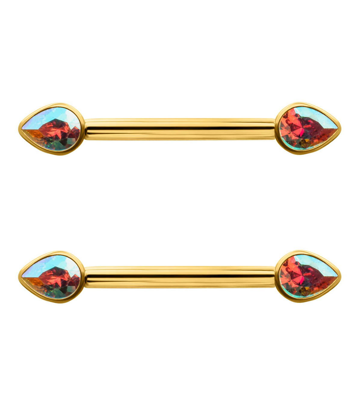 24kt Gold PVD Teardrop Rainbow Aurora CZ Titanium Internally Threaded Nipple Ring Barbell