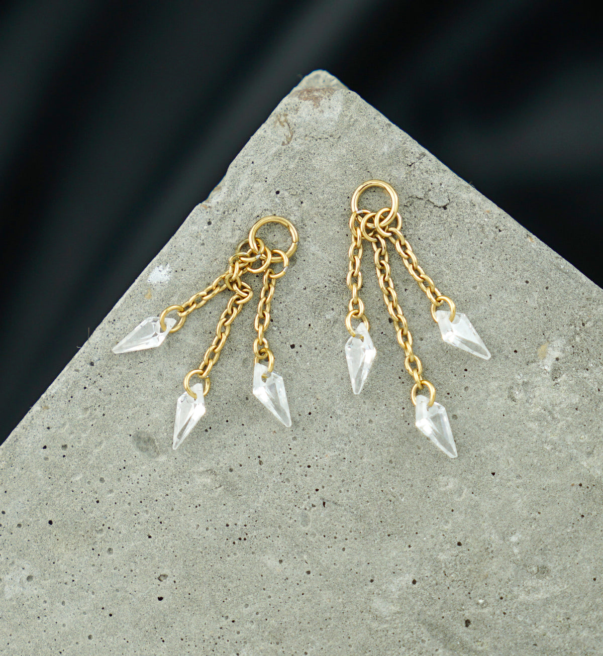 24kt Gold PVD Triple Dart CZ Dangle Chain Titanium Charm