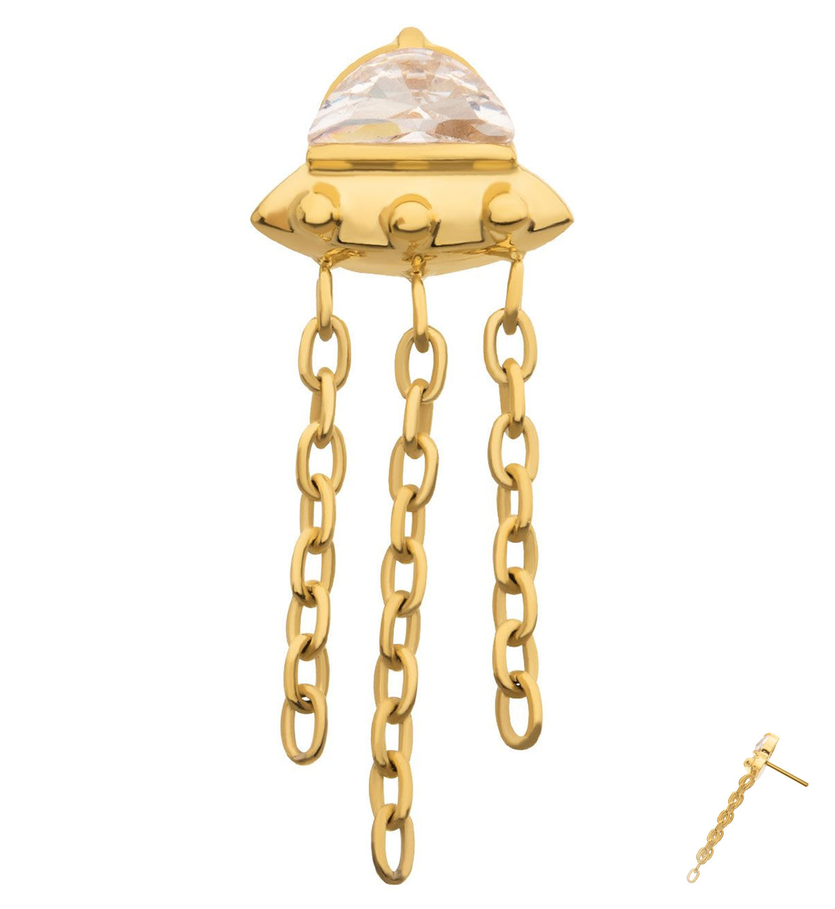 24kt Gold PVD UFO Clear CZ Dangle Chains Titanium Threadless Top
