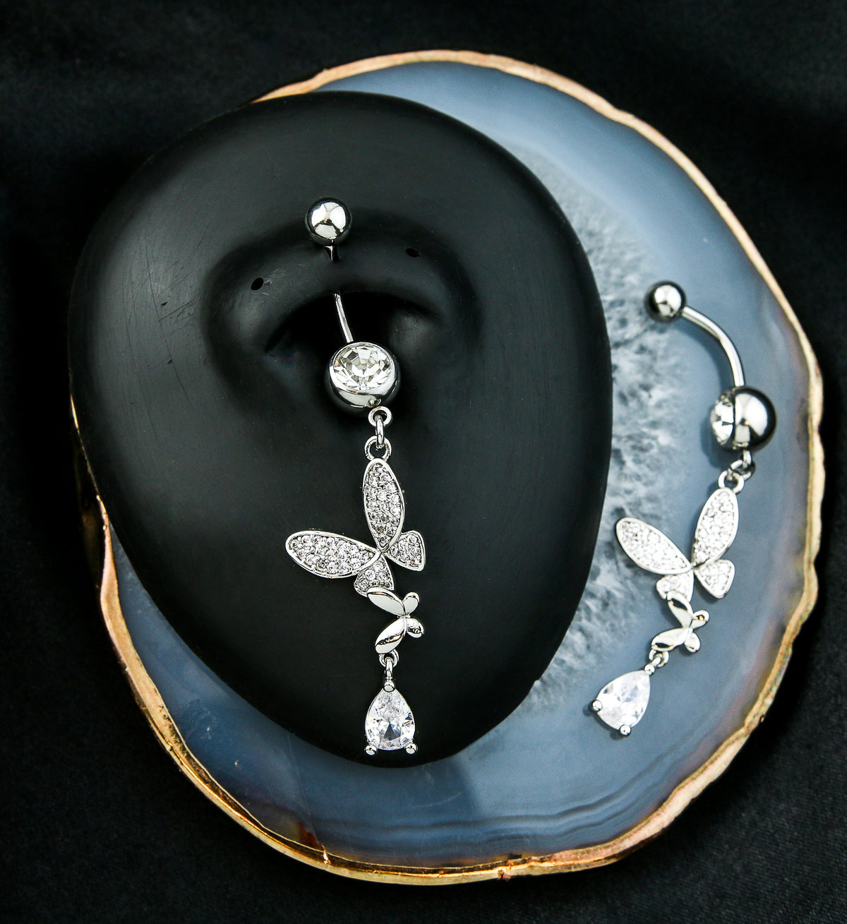 Jointed Butterfly Clear CZ Teardrop Dangle Stainless Steel Belly Button Ring