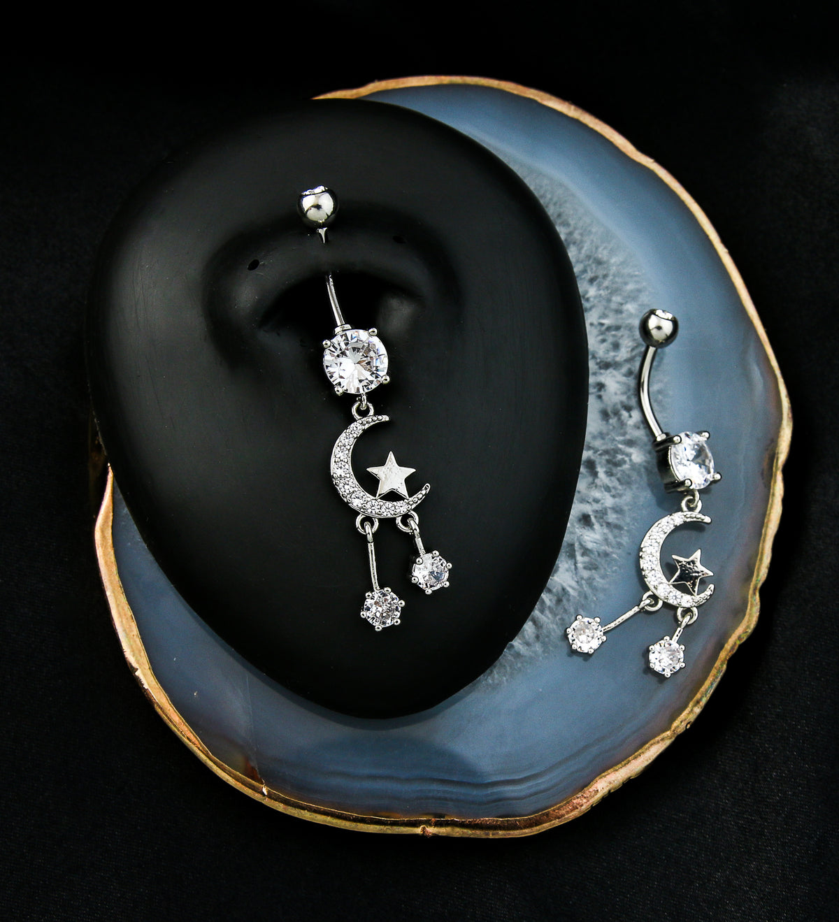 Wishing On A Crescent Moon And Star Clear CZ Dangle Stainless Steel Belly Button Ring
