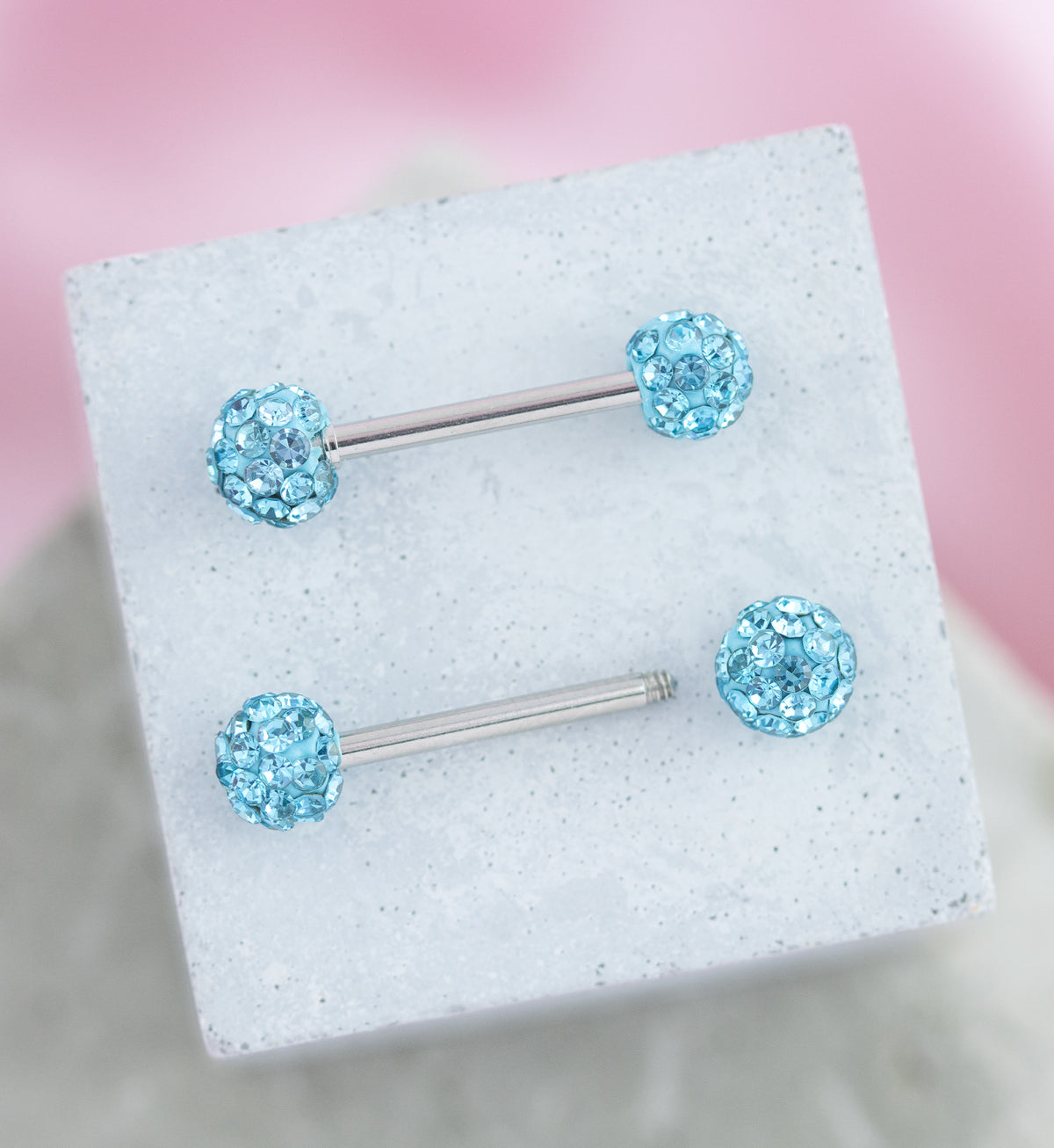Aqua Crystal Ball CZ Stainless Steel Externally Threaded Nipple Barbell