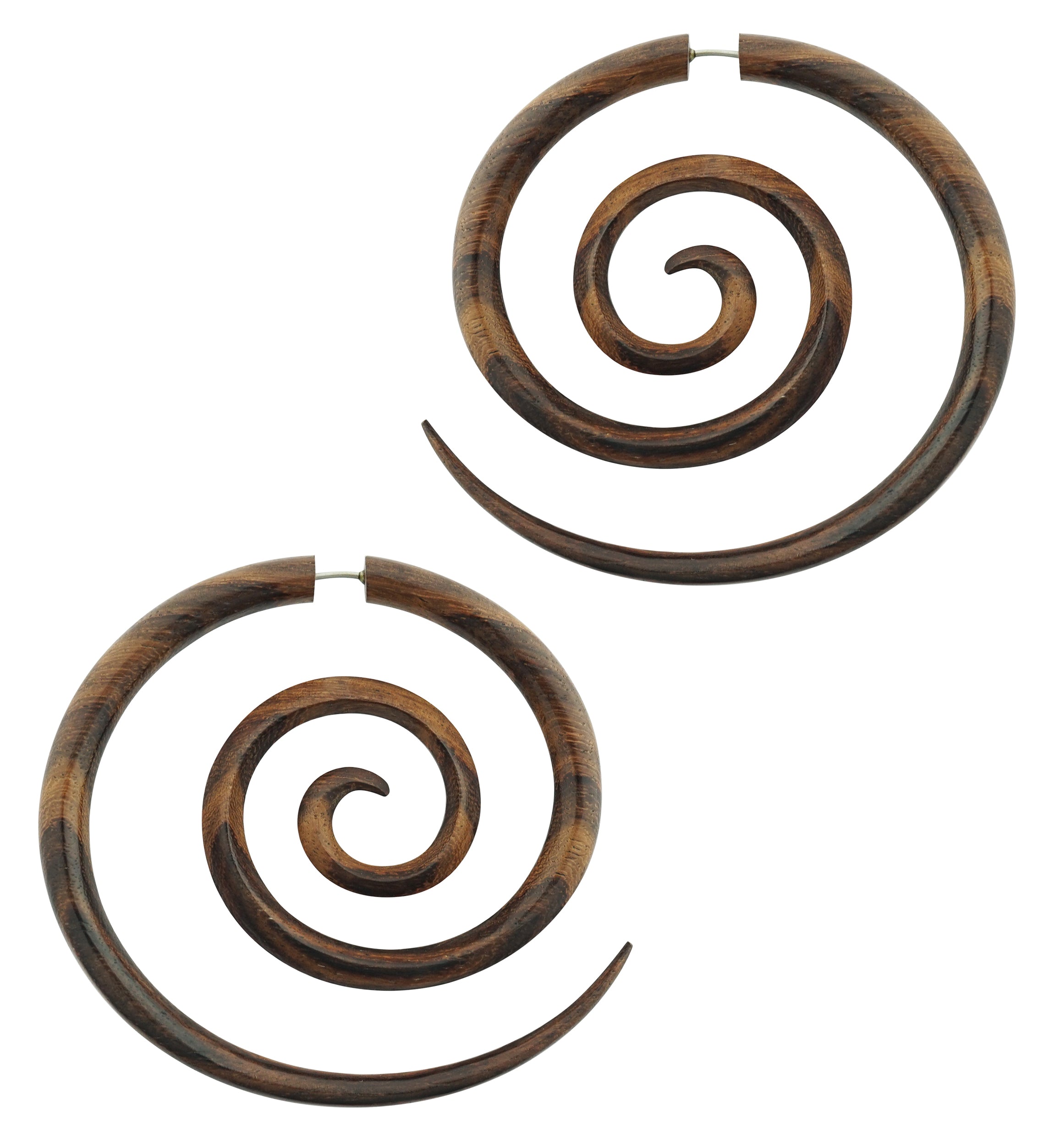 Areng Wood Fake Gauge Large Spirals Tribal Earrings