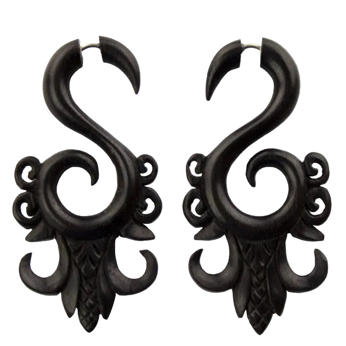 Areng Wooden Ornate Fake Gauges Earrings