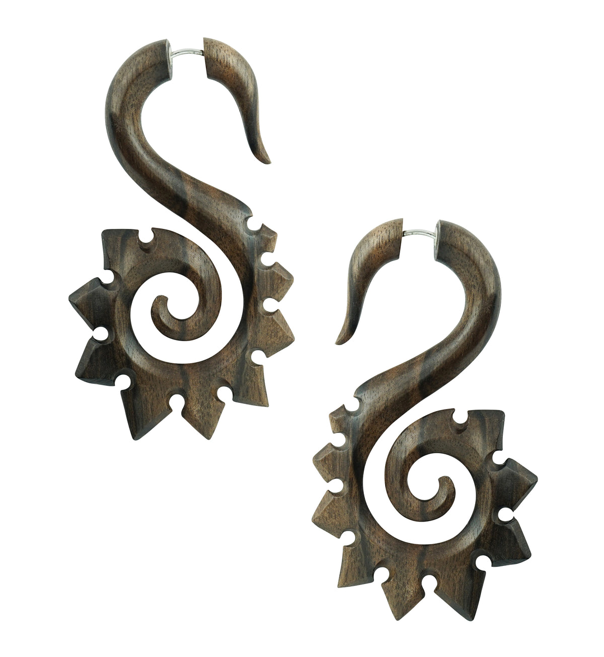 Areng Wooden Tribal Spade Tail Spiral Fake Gauges Earrings