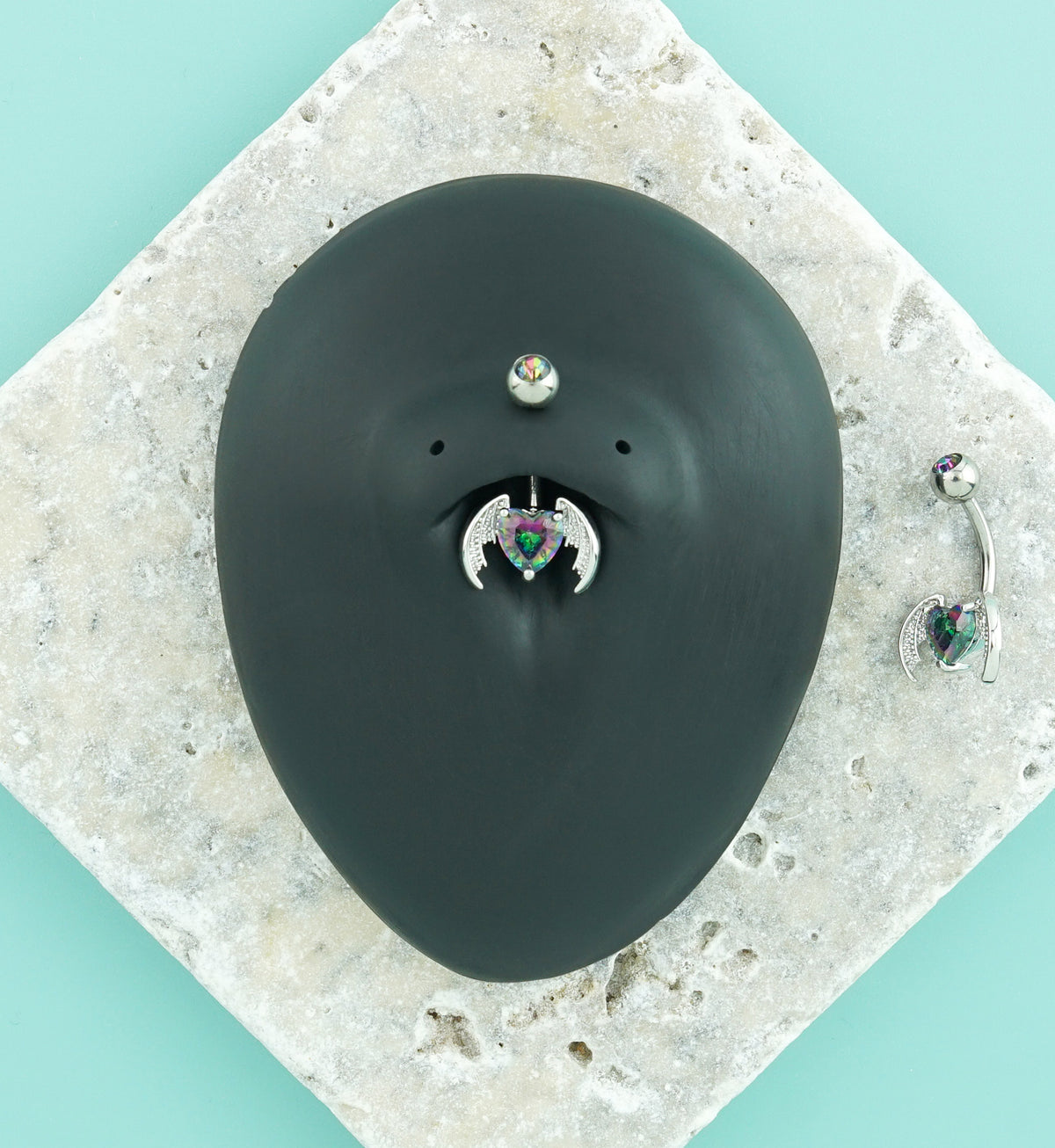 Bat Wing Heart Black Aurora CZ Stainless Steel Externally Threaded Belly Button Ring