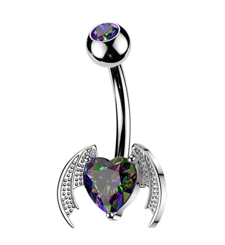 Bat Wing Heart Black Aurora CZ Stainless Steel Externally Threaded Belly Button Ring