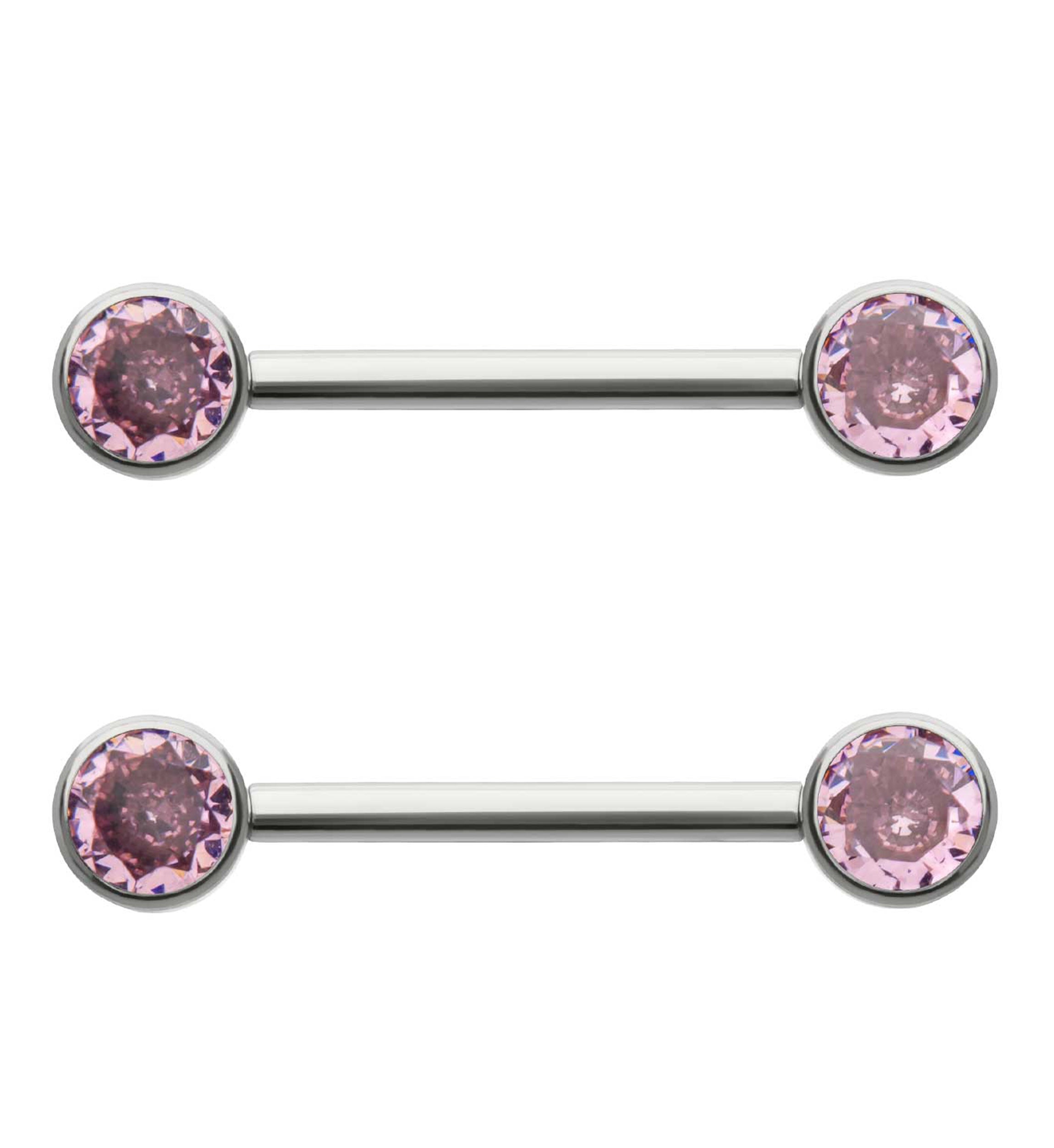 Bezel Set Pink CZ Titanium Internally Threaded Nipple Barbells