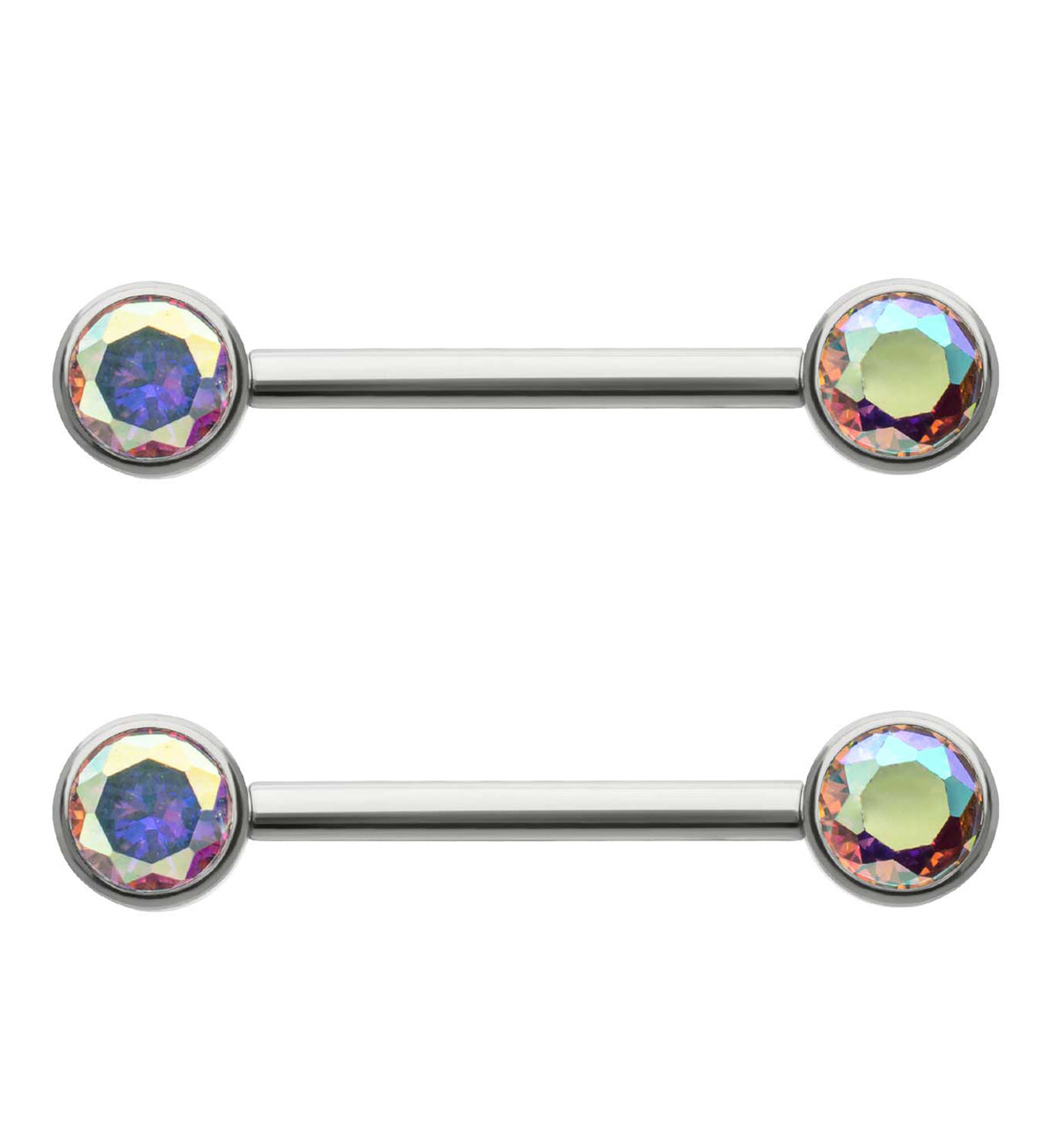 Bezel Set Rainbow Aurora CZ Titanium Internally Threaded Nipple Barbells