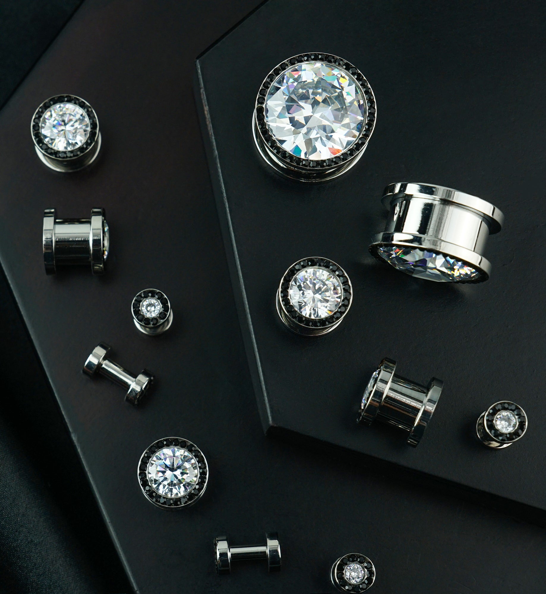 Black & Clear CZ Diamond Stainless Steel Plugs