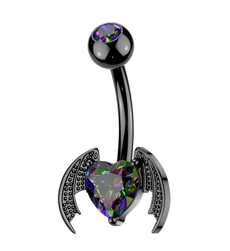 Black PVD Bat Wing Heart Black Aurora CZ Stainless Steel Externally Threaded Belly Button Ring