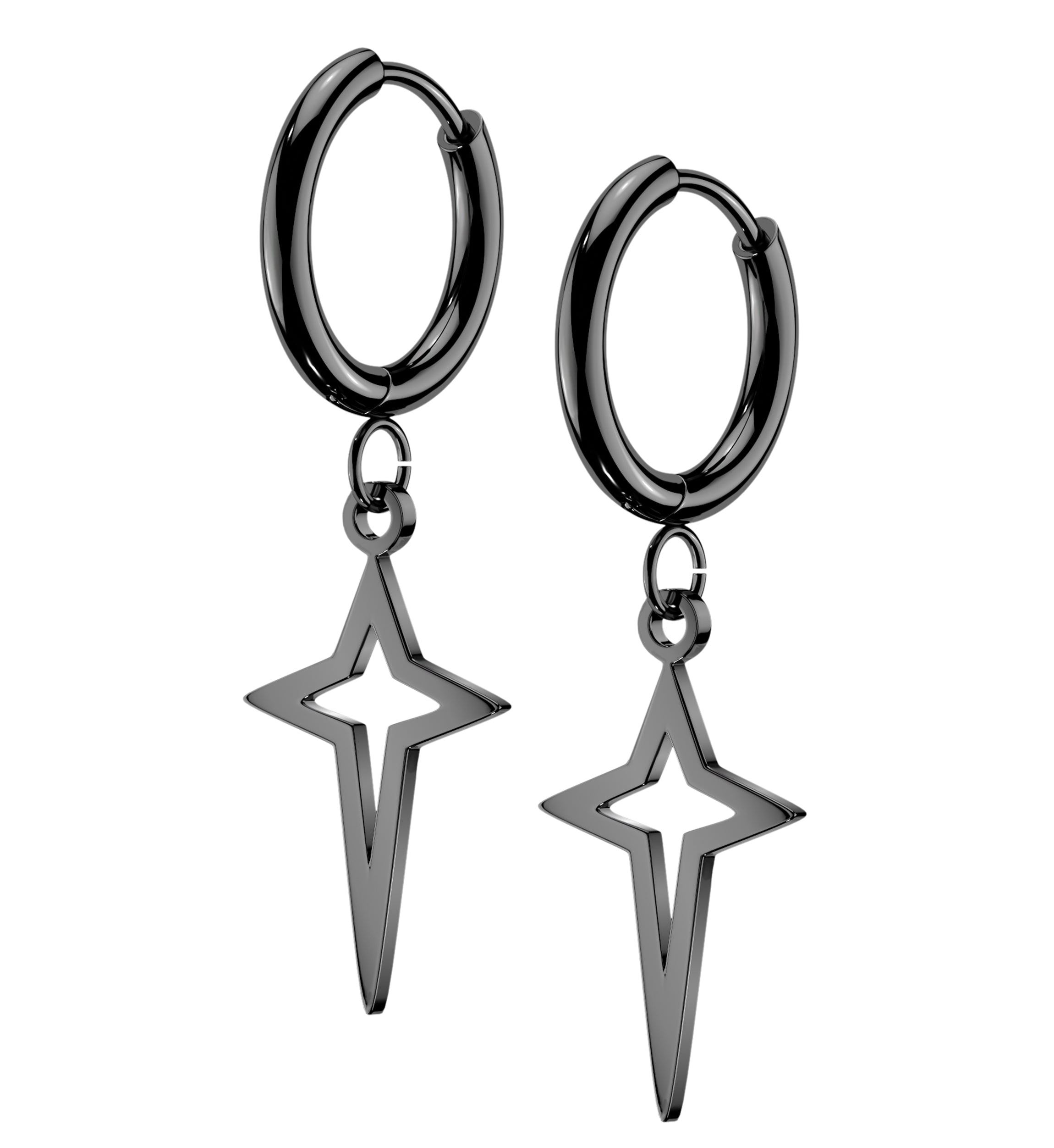 Black PVD Bold Four Point Star Stainless Steel Hinged Earrings