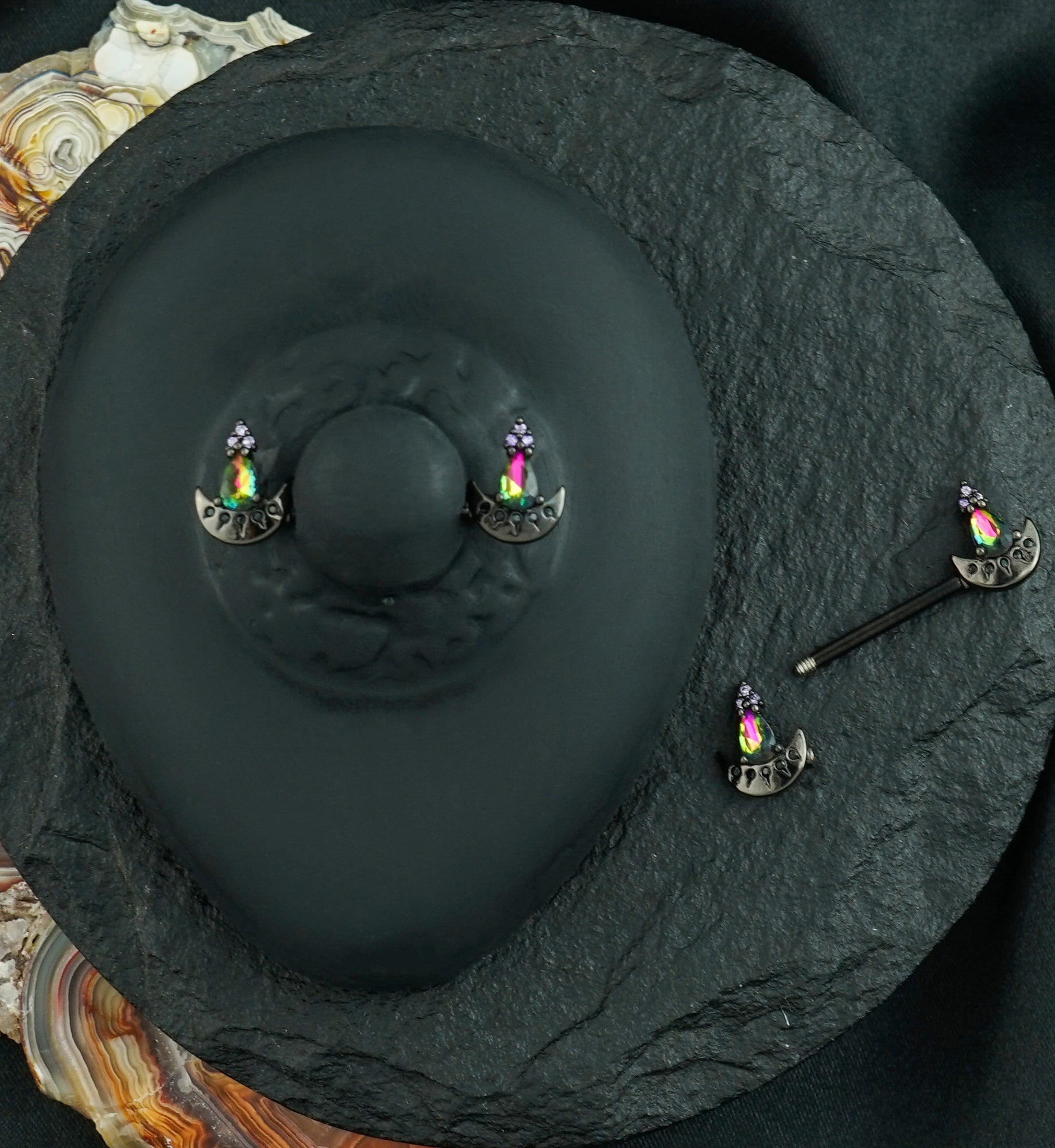 Black PVD Crescent Moon Black Aurora CZ Stainless Steel Nipple Barbell