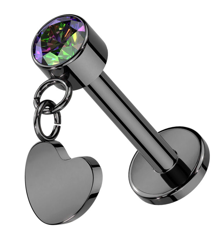Black PVD Heart Dangle Black Aurora CZ Titanium Threadless Labret