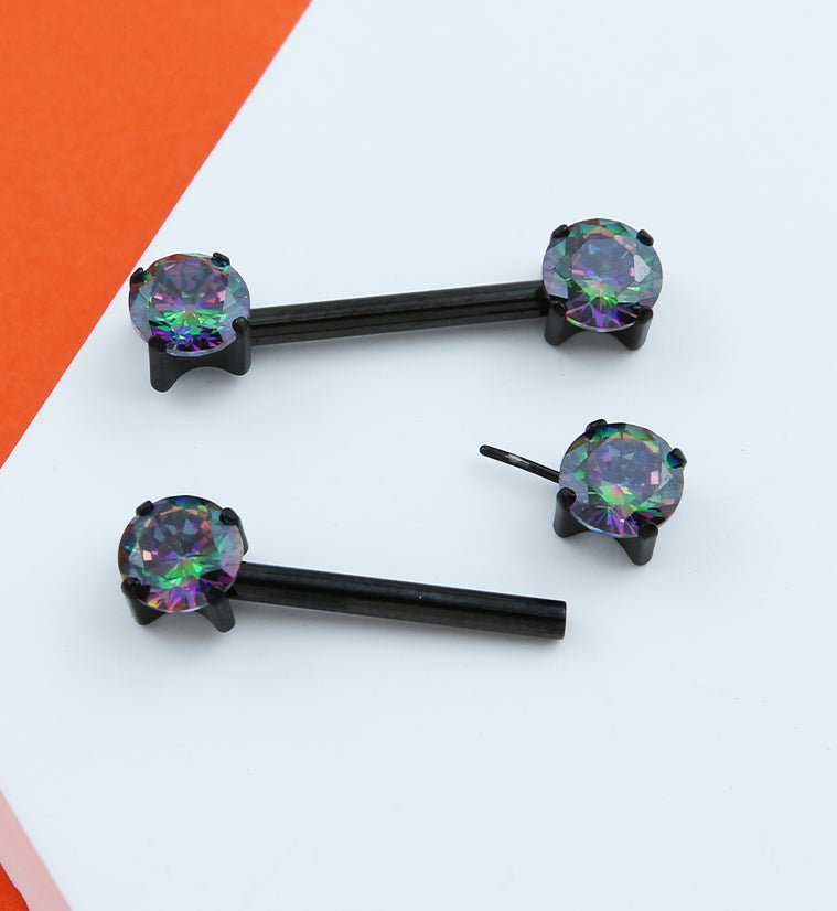 Black PVD Prong Black Aurora CZ Threadless Titanium Nipple Barbells