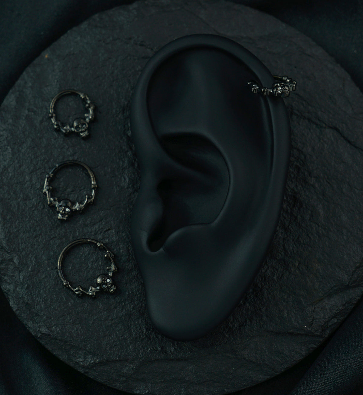 Black PVD Skull And Bones Black CZ Titanium Hinged Segment Ring