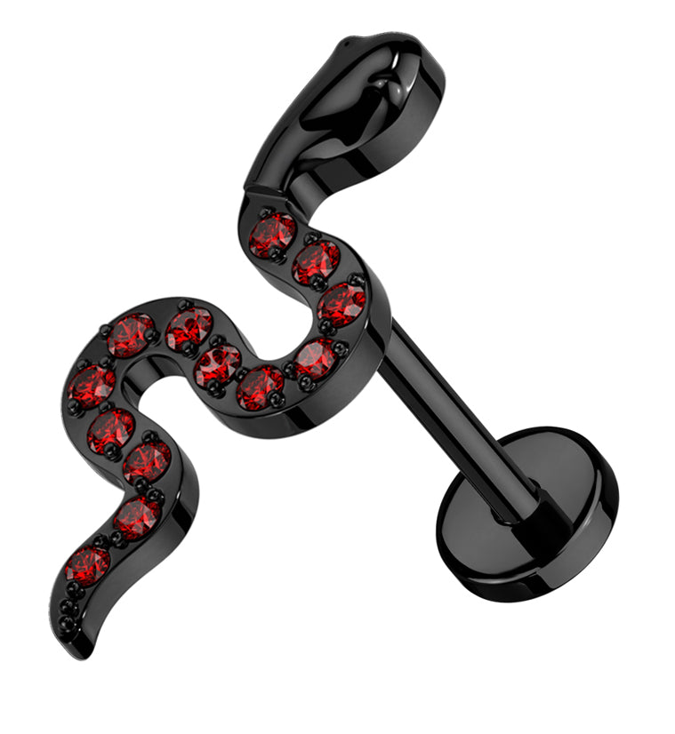 Black PVD Snake Red CZ Threadless Titanium Labret