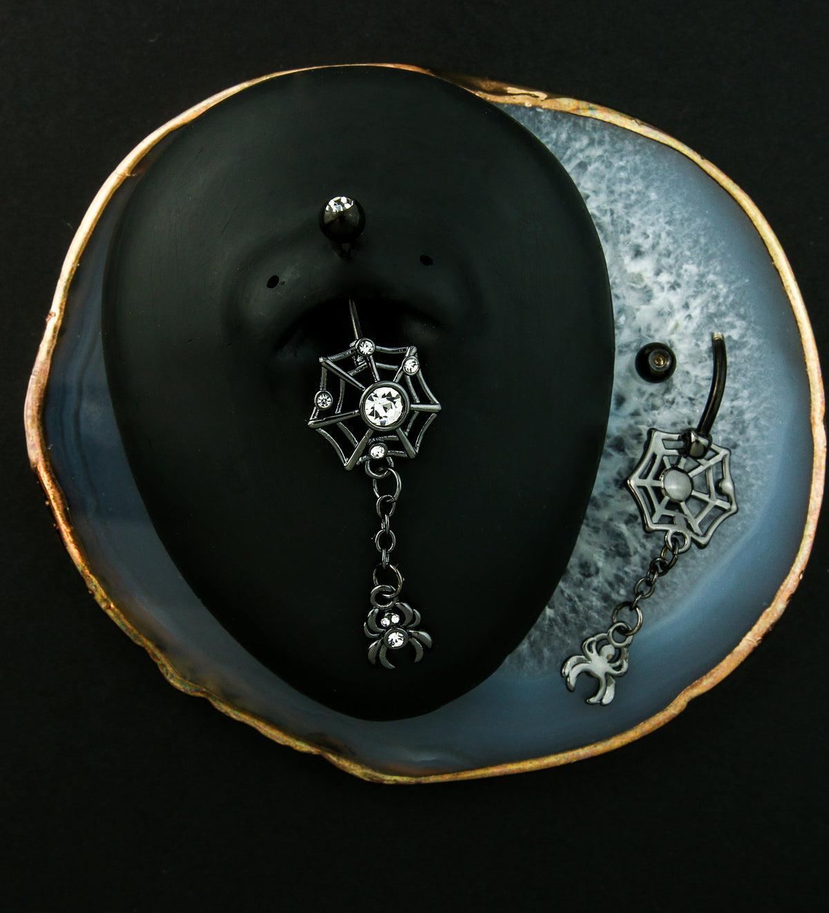Black PVD Spiderweb Dangle Spider Clear CZ Stainless Steel Belly Button Ring
