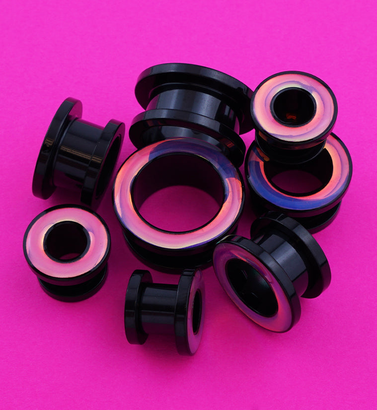 Black PVD Sunset Rim Stainless Steel Screw Back Tunnel Plugs