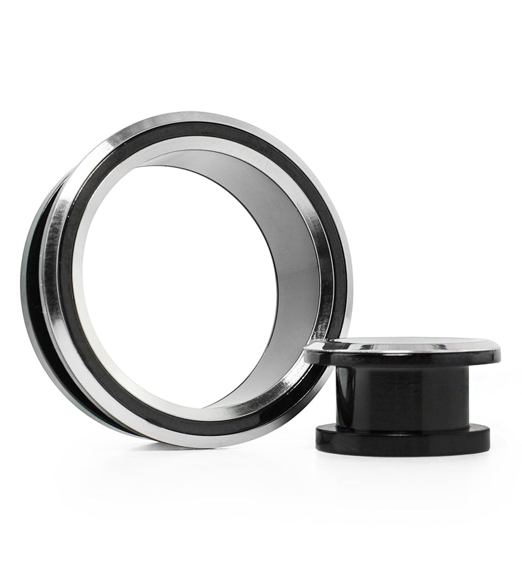 Black & Silver Stainless Steel Screw Back Tunnels