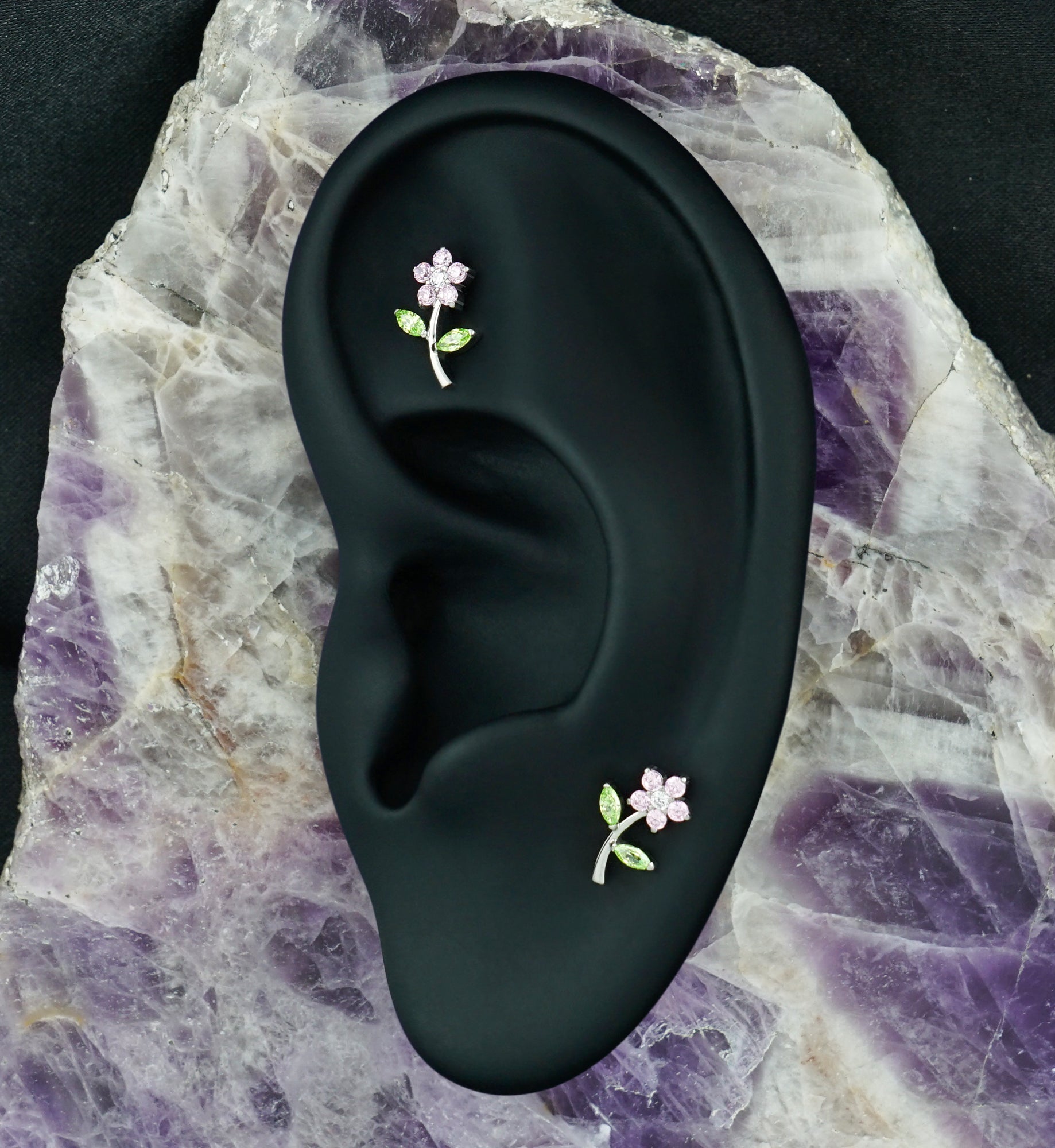 Blooming Flower Pink CZ Titanium Threadless Top