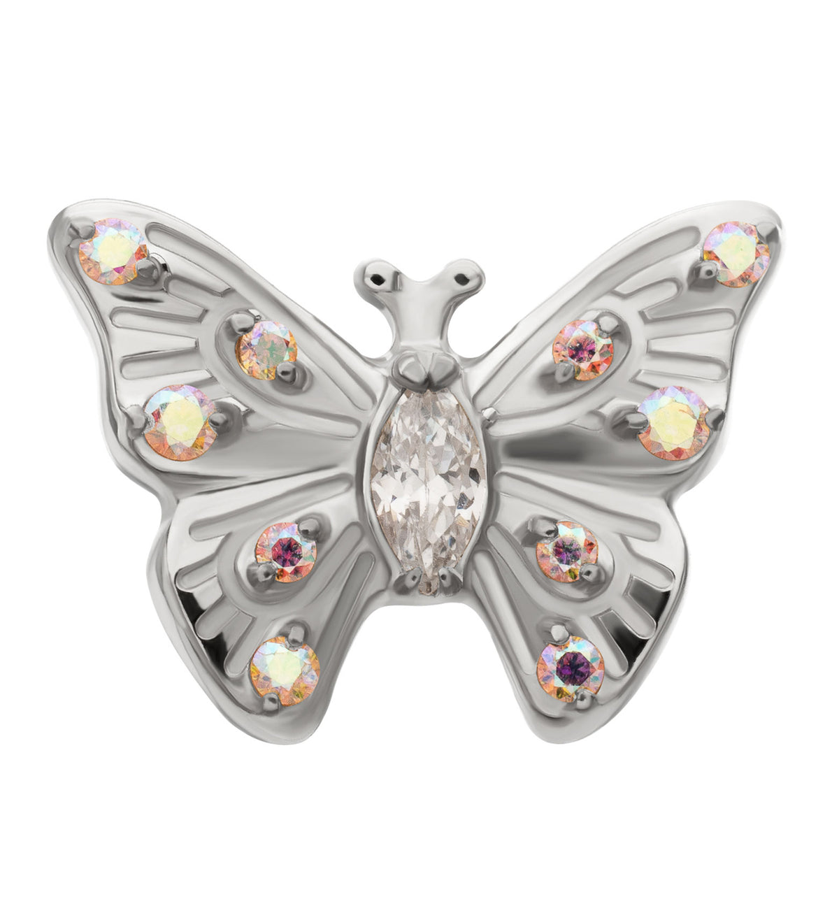 Bold Butterfly Rainbow Aurora CZ Titanium Threadless Top by Urban Body Jewelry