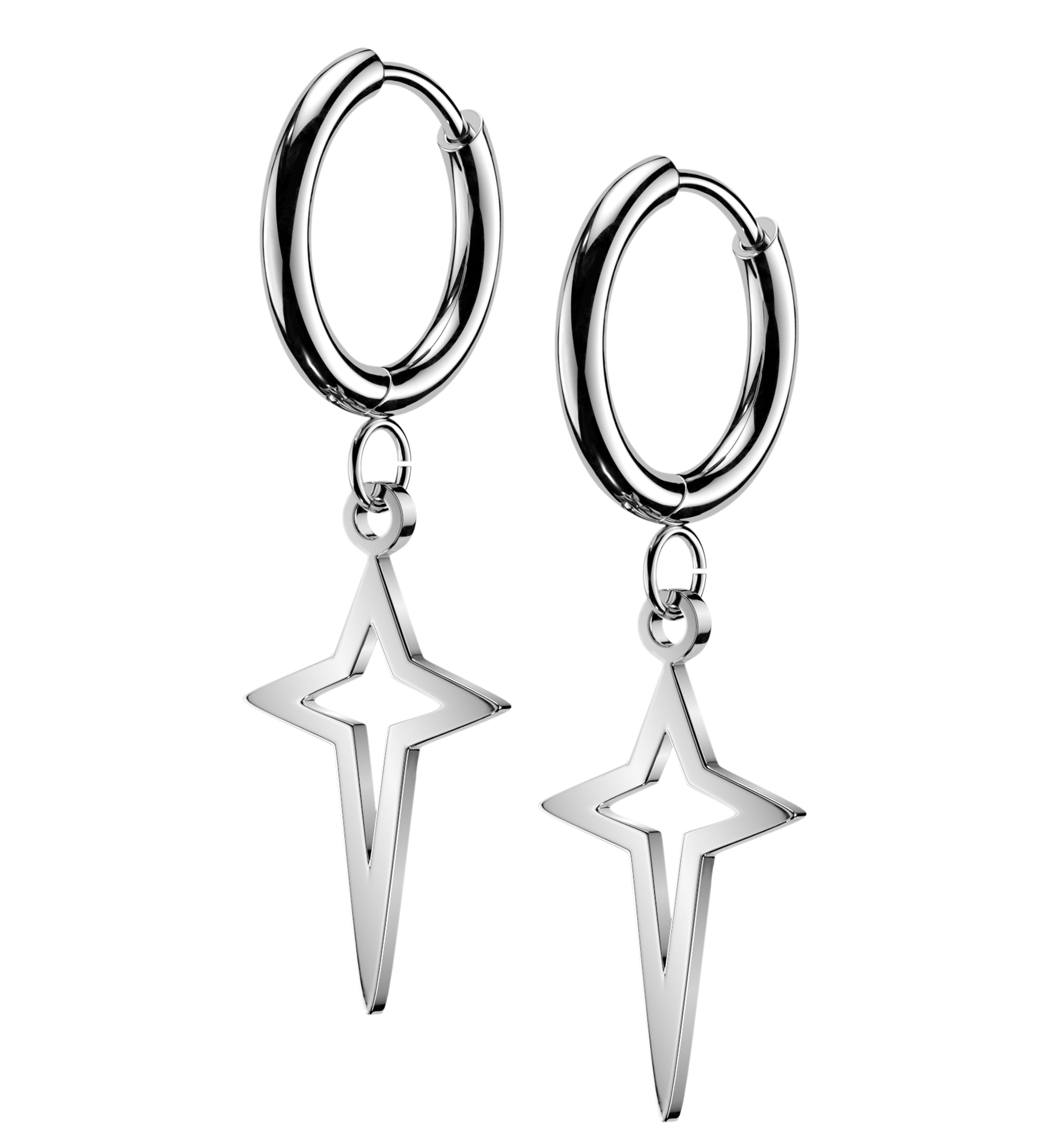 Bold Four Point Star Stainless Steel Hinged Earrings