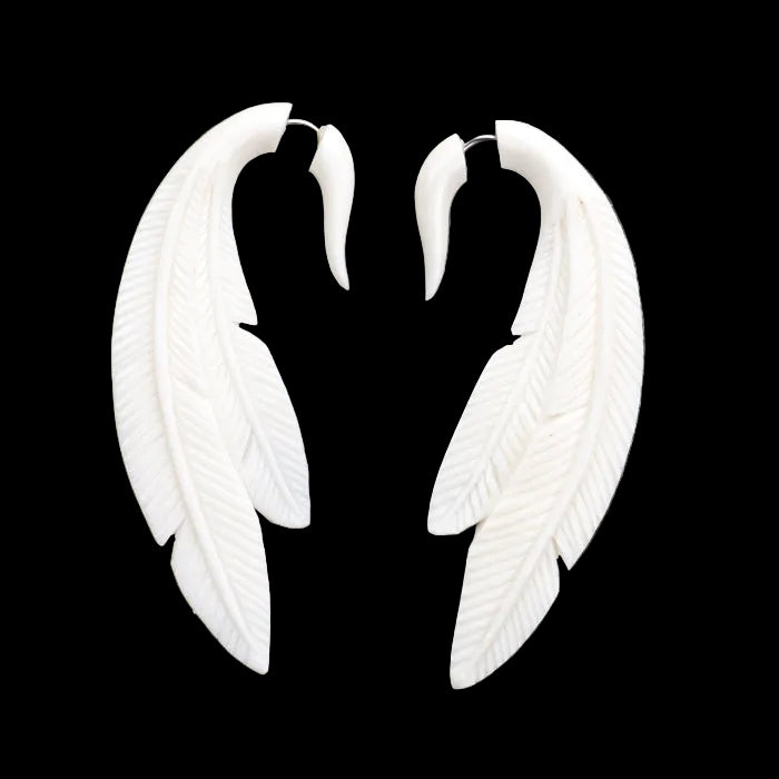 Double Feather Bone Organic Fake Gauges Earrings