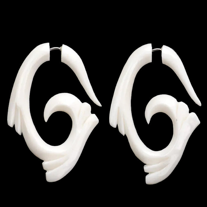 Tribal Wave Spiral Wings Fake Gauges Bone Earrings